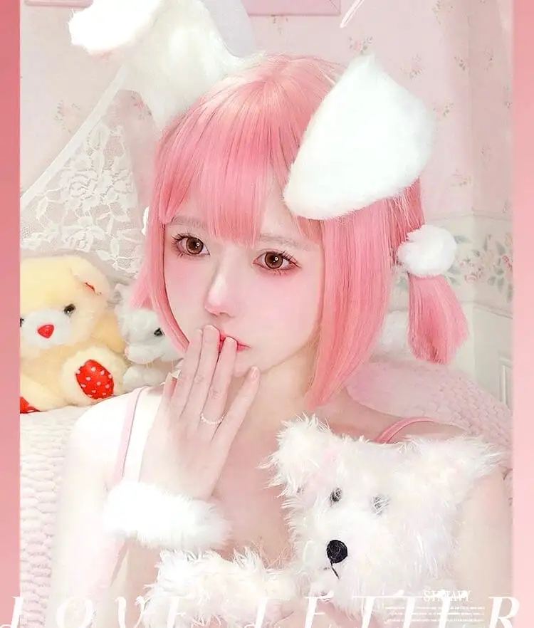 Lolita cute girl peach pink air bang long curly wig |love letter| BY6214