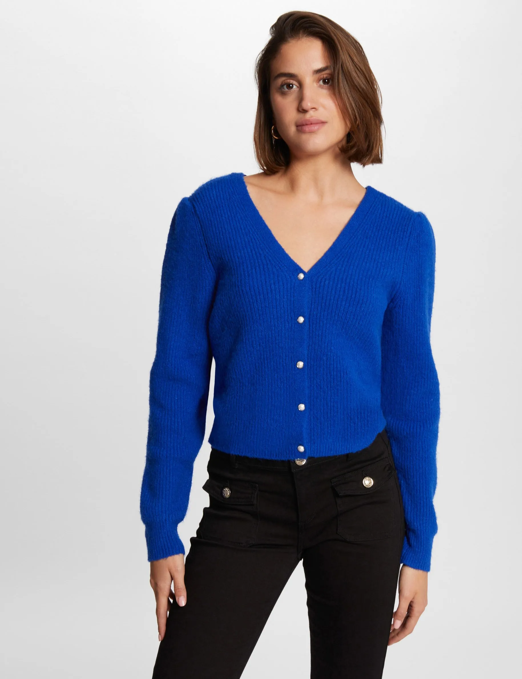 Long-sleeved cardigan V-neck electric blue women