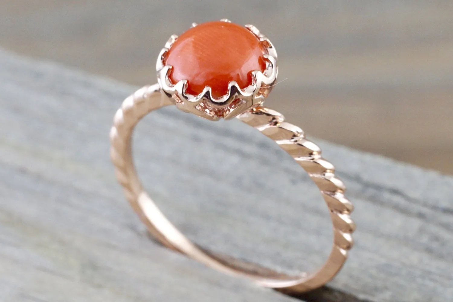 Melrose Coral 14k Rose Gold Round Engagement Promise Ring Anniversary Wedding Love Bead Rope Crown Pink Solitaire