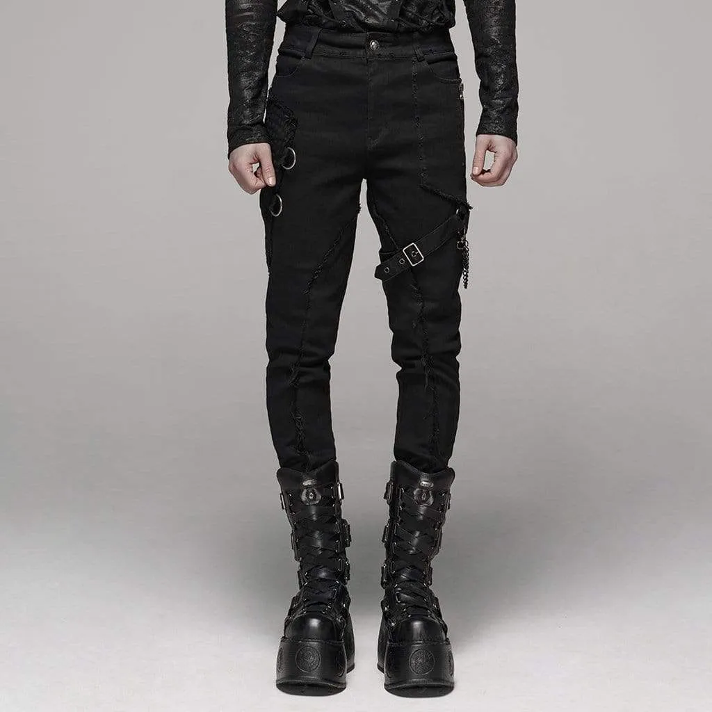 Men's Goth Ripped Straps Skinny Denim Pants With Waist Chain