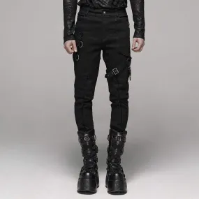 Men's Goth Ripped Straps Skinny Denim Pants With Waist Chain