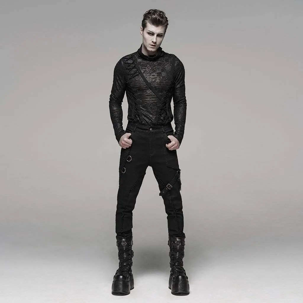 Men's Goth Ripped Straps Skinny Denim Pants With Waist Chain