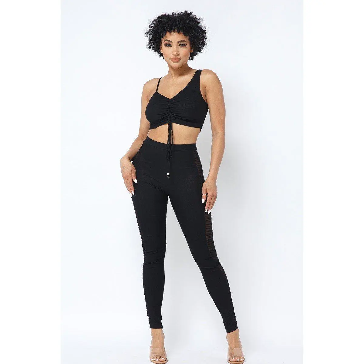 Mesh Strappy Adjustable Ruched Crop Top With Matching See Through Side Panel Leggings