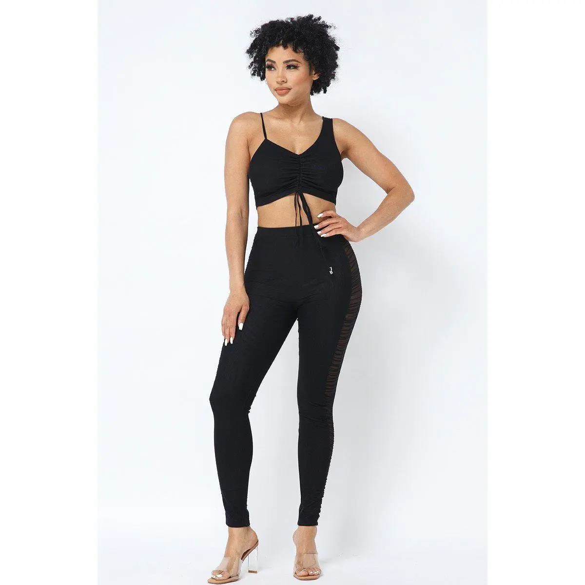 Mesh Strappy Adjustable Ruched Crop Top With Matching See Through Side Panel Leggings