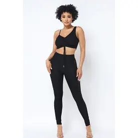 Mesh Strappy Adjustable Ruched Crop Top With Matching See Through Side Panel Leggings