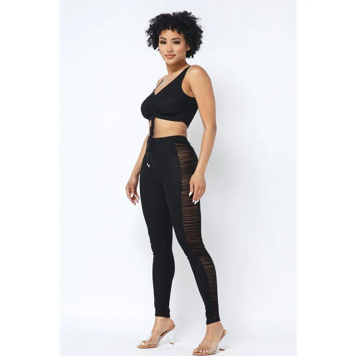 Mesh Strappy Adjustable Ruched Crop Top With Matching See Through Side Panel Leggings