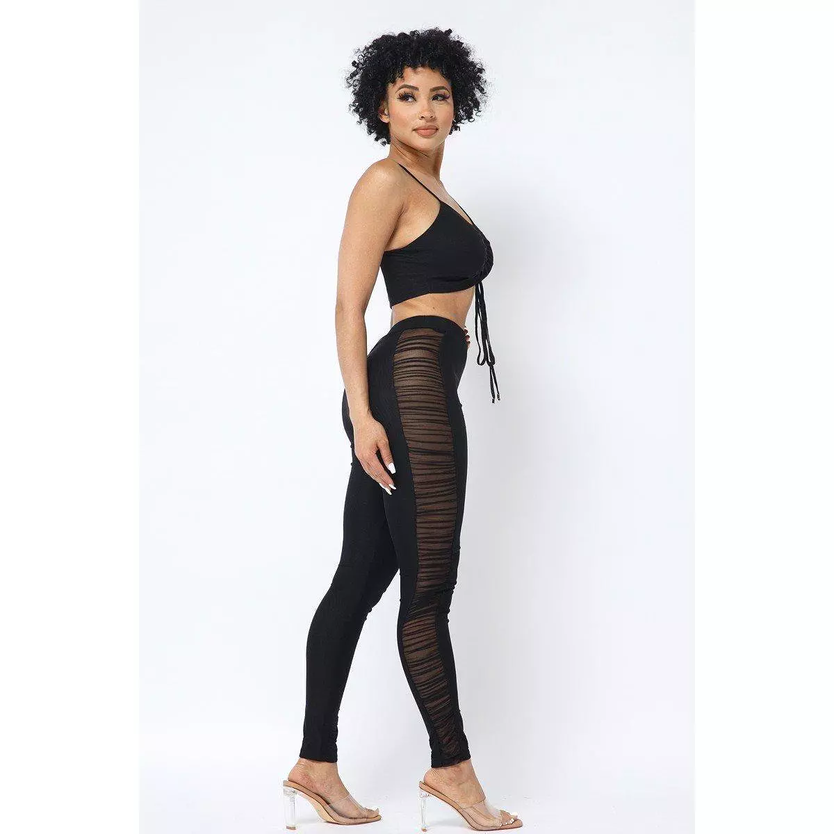 Mesh Strappy Adjustable Ruched Crop Top With Matching See Through Side Panel Leggings