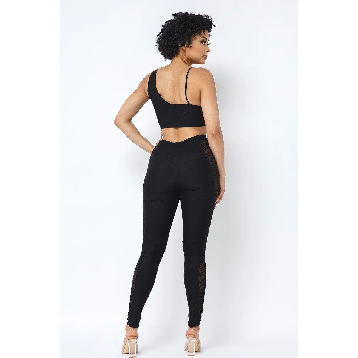 Mesh Strappy Adjustable Ruched Crop Top With Matching See Through Side Panel Leggings