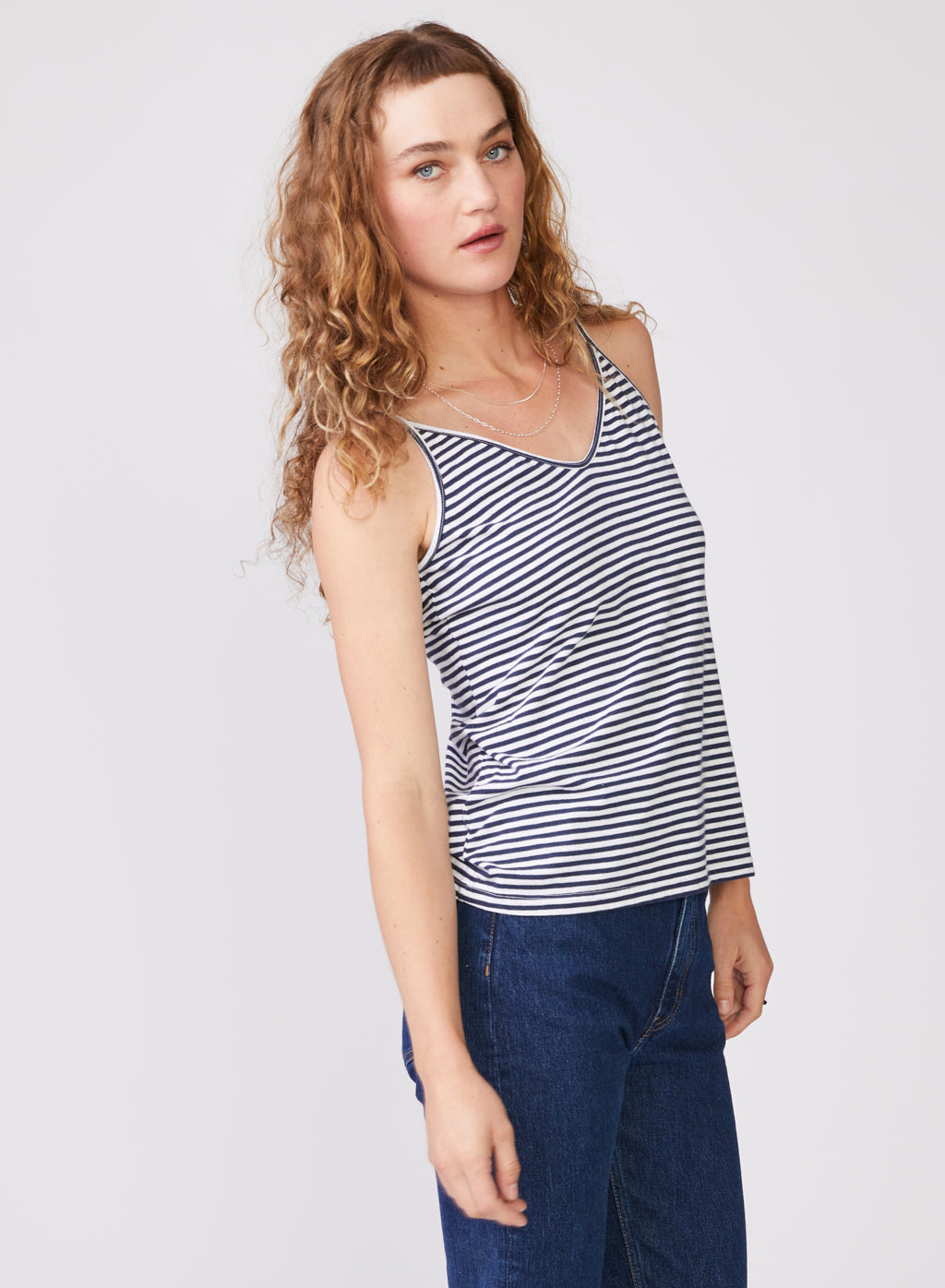 Mini Navy Stripe V-neck Cami in White