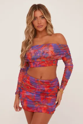 Multi Abstract Print Bardot Crop Top & Ruched Mini Skirt Co-ord Set - Payton