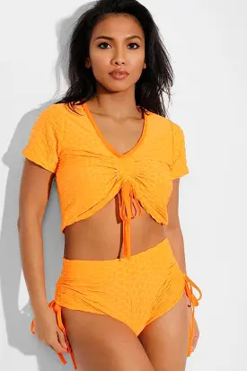 Neon Orange Ruched Drawstring Shorts And Crop Top 2 Piece Tracksuit