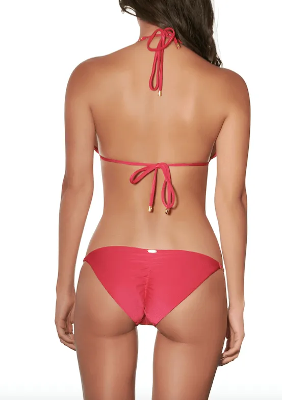 Notorious Swimwear Blazing Red Triangle Top & Cheeky Scrunch Bottom w/ Rose Gold Chain Straps Bikini Set