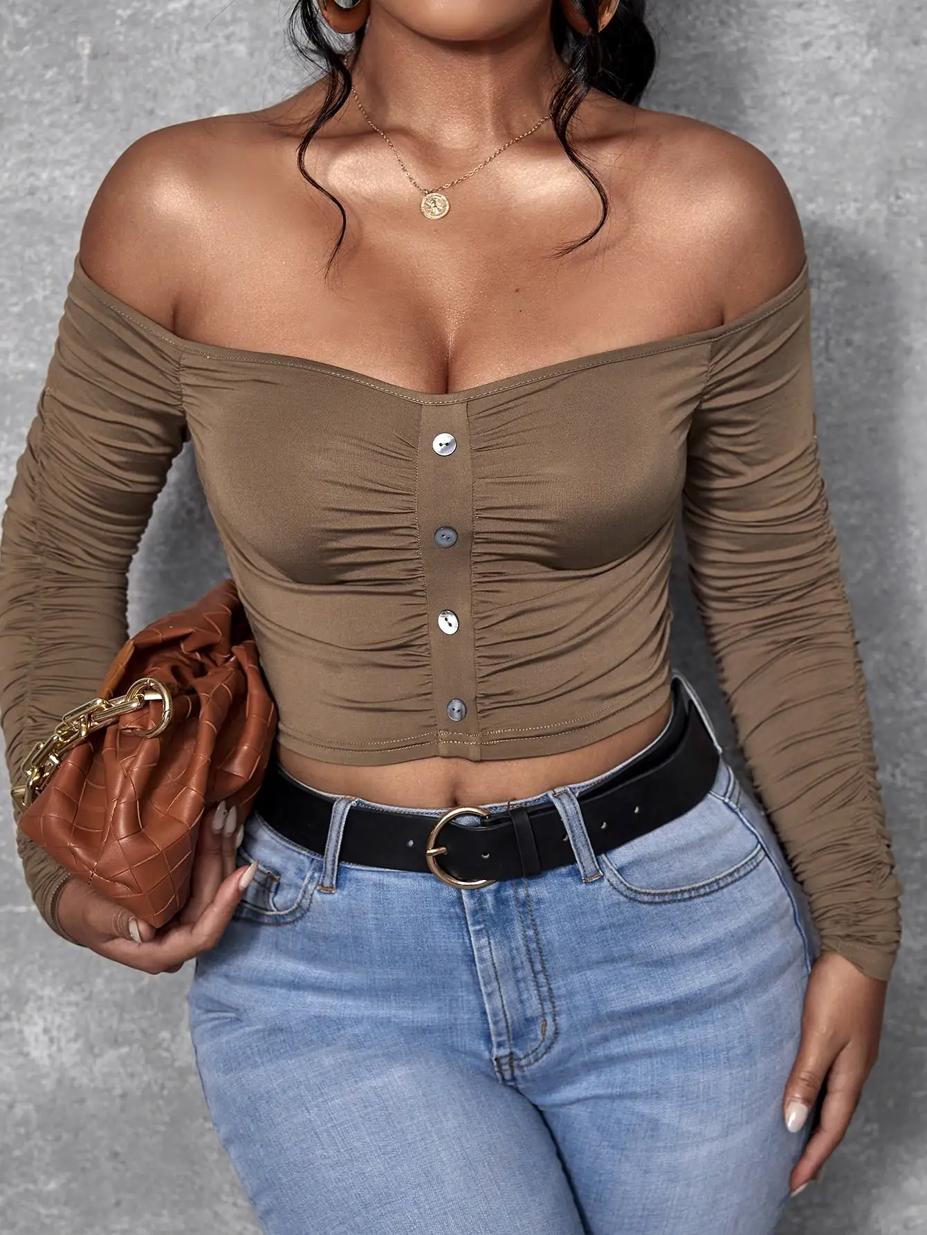 Off The Shoulder Button Up Ruched Crop Top