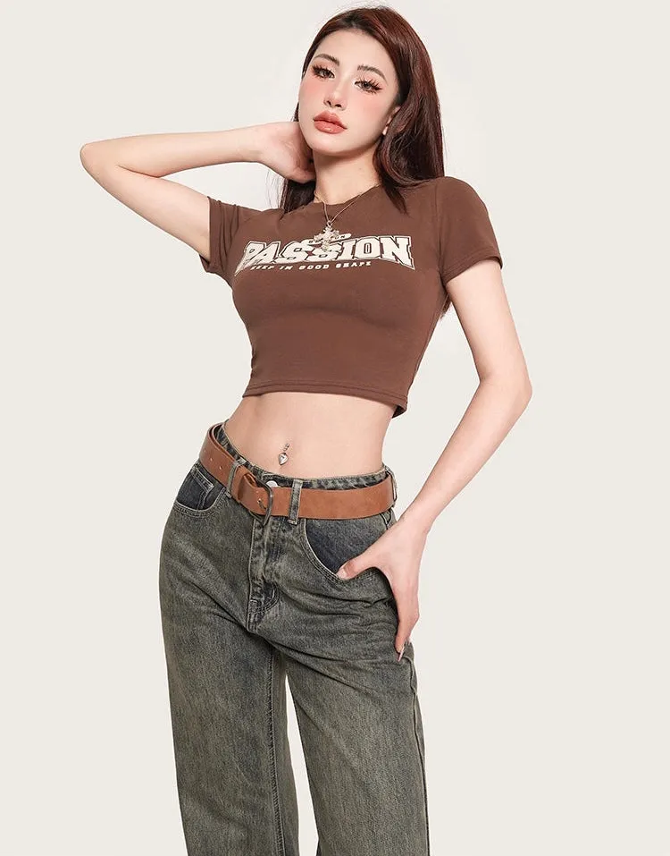 PASSION Graphic Letter Print Solid Color Short Sleeve Cropped Top