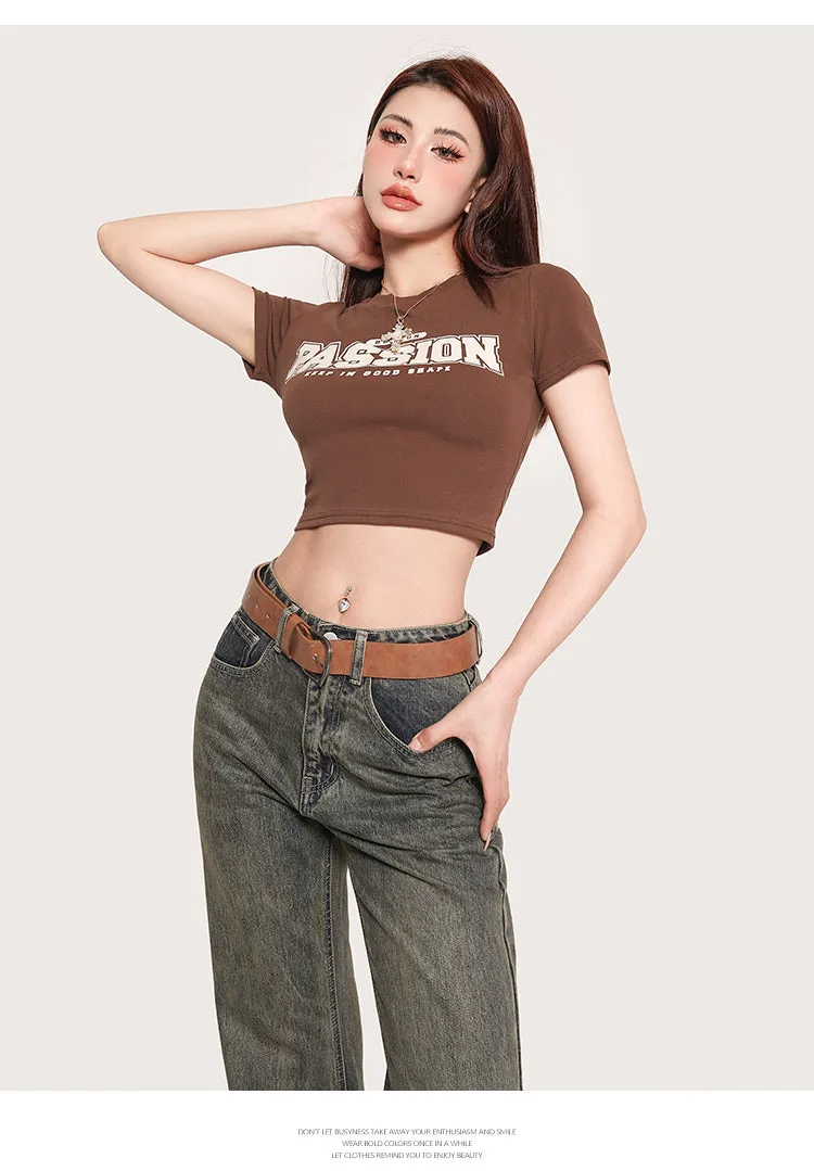 PASSION Graphic Letter Print Solid Color Short Sleeve Cropped Top