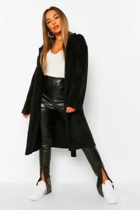 Petite Belted Longline Brushed Wool Look Coat