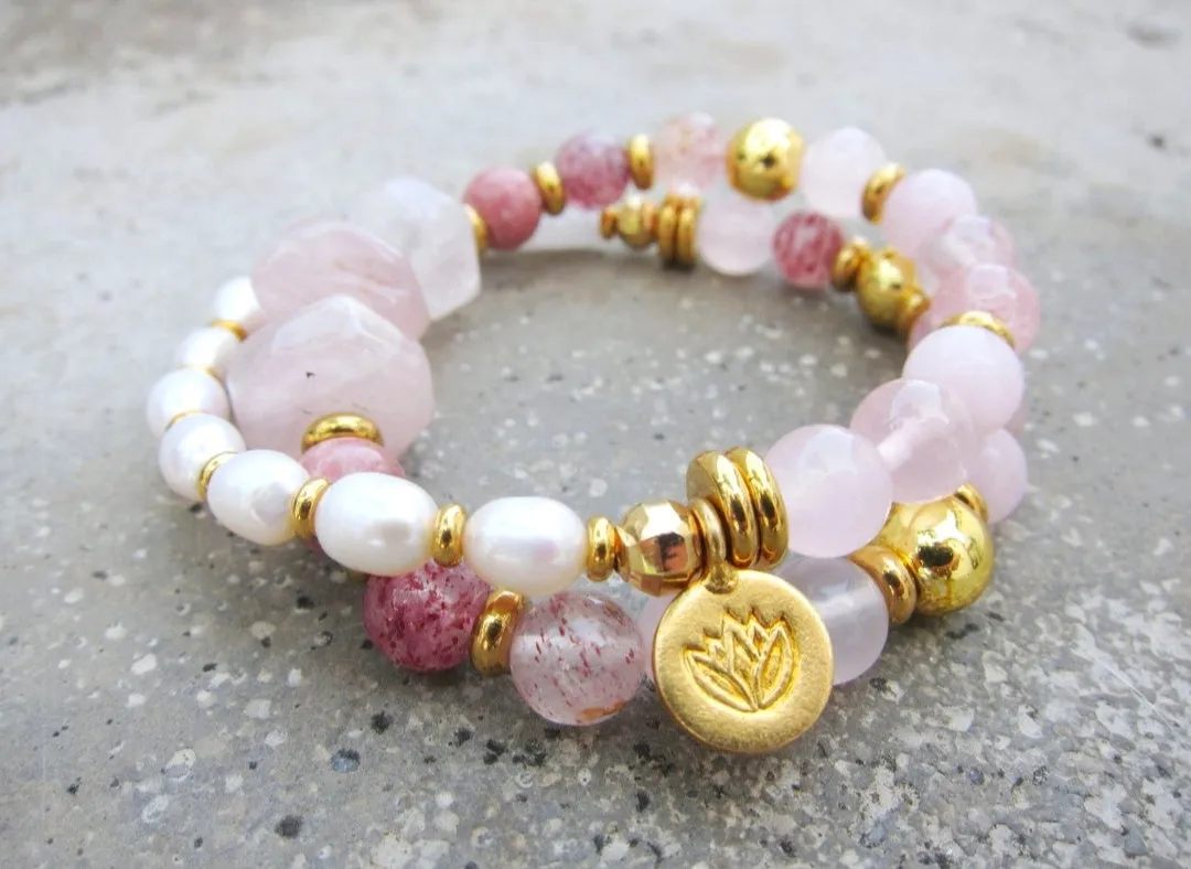 Pink Rose Quartz, Strawberry Quartz, Thulite - Love, Fertility Mala Bracelet in 18K Gold Vermeil Lotus Charm