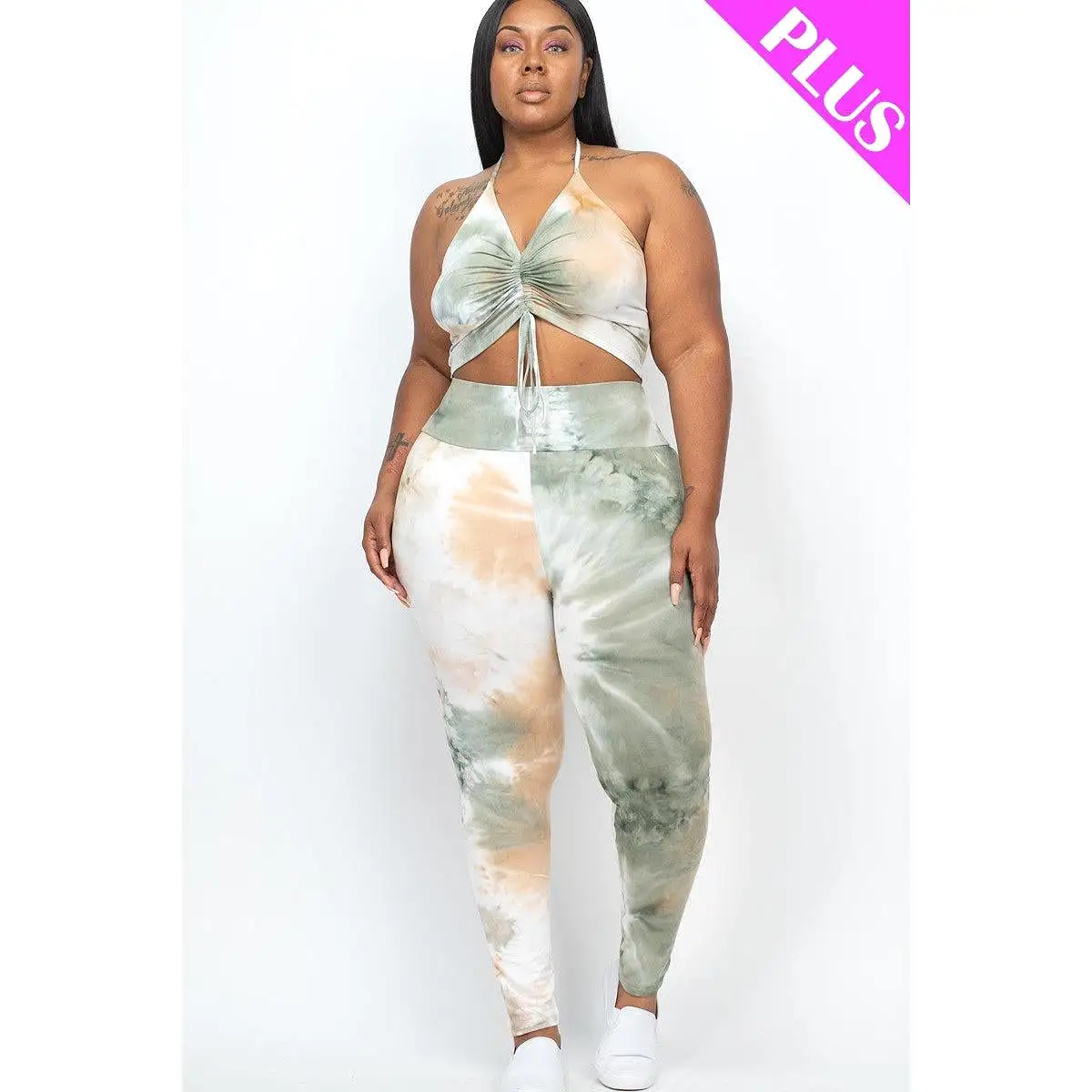 Plus Adjustable Ruched Crop Top And Leggings Set