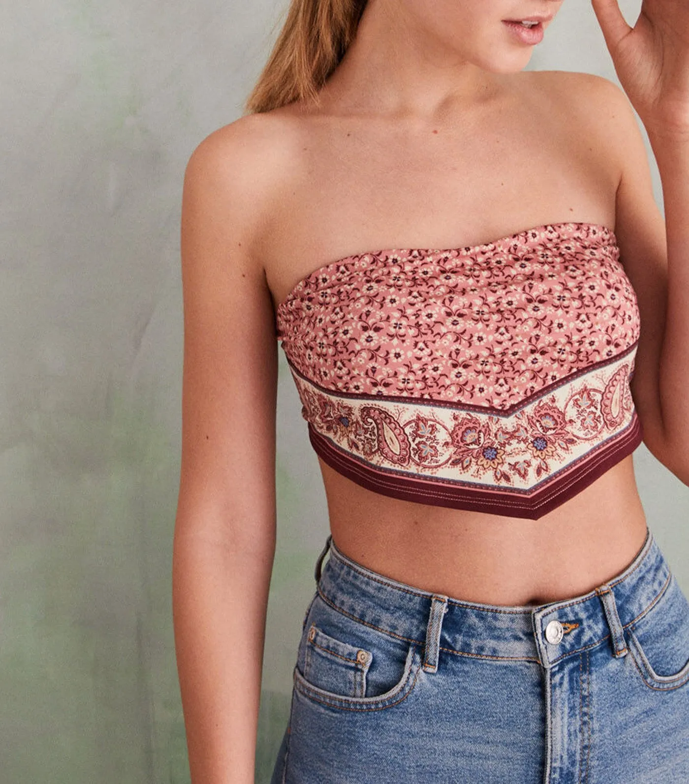 Printed Bandeau Scarf Top Pink