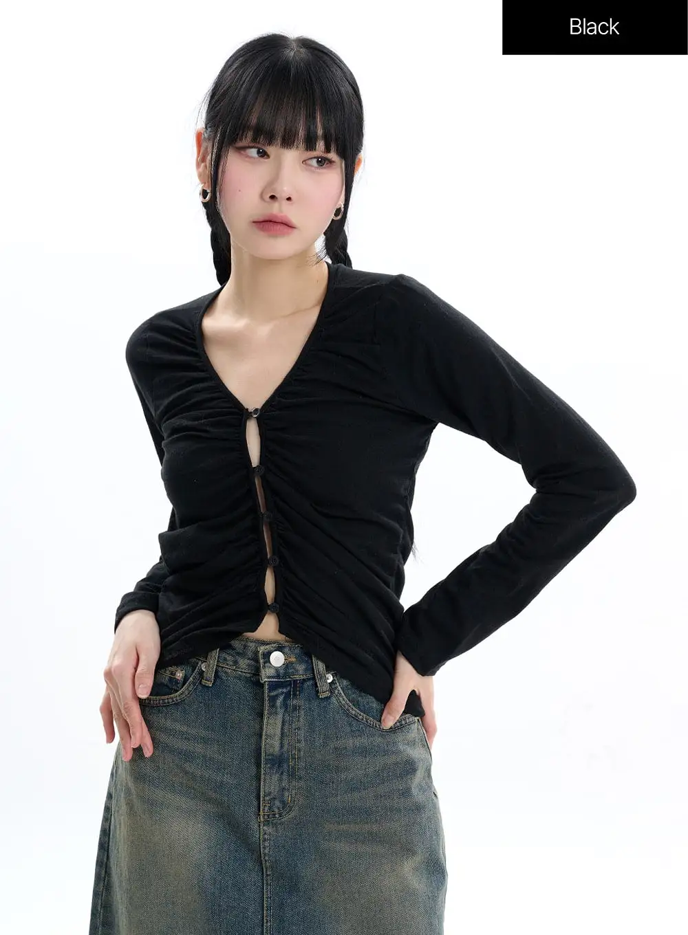 Ruched Button Crop Long Sleeve IF413