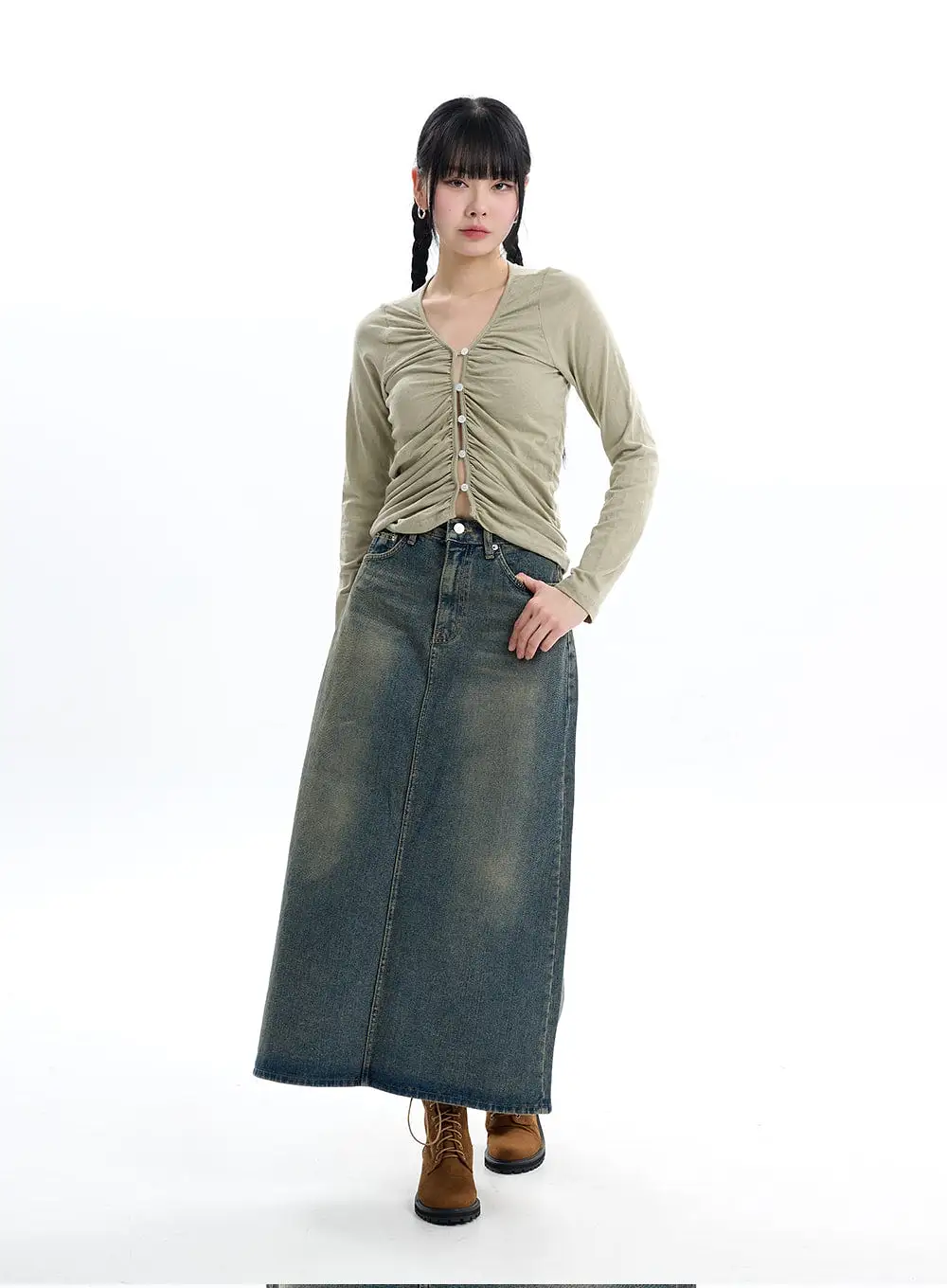 Ruched Button Crop Long Sleeve IF413