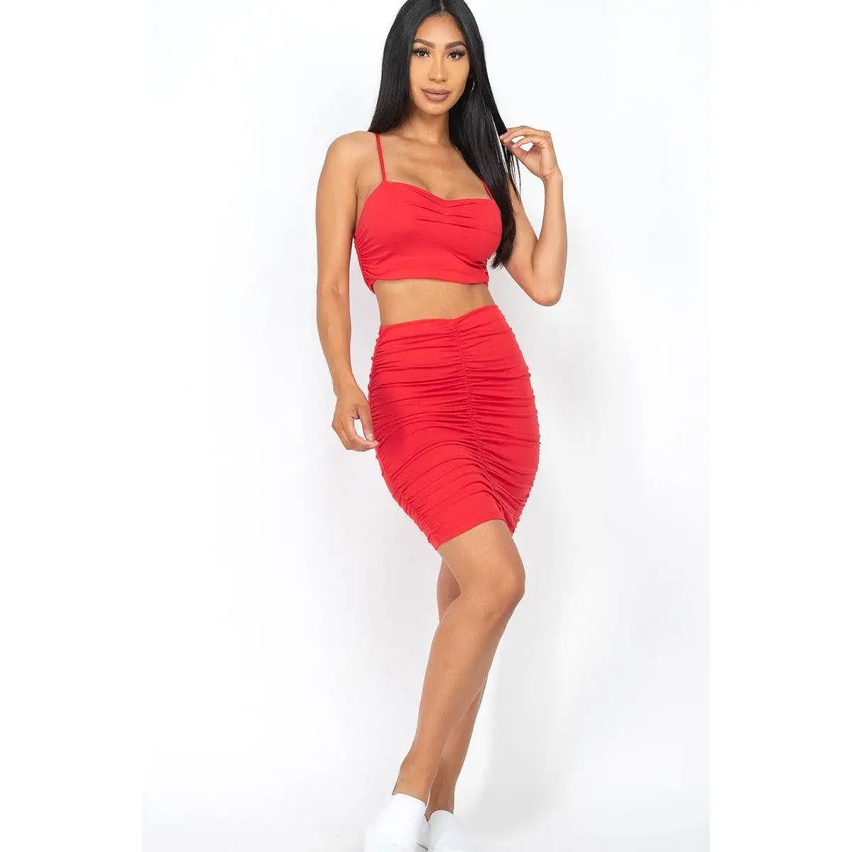 Ruched Crop Top And Skirt Sets