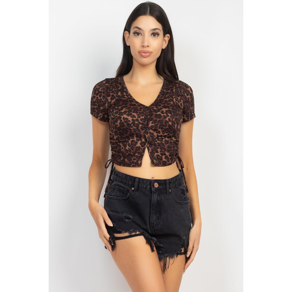 Ruched Drawstring Animal-printed Crop Top