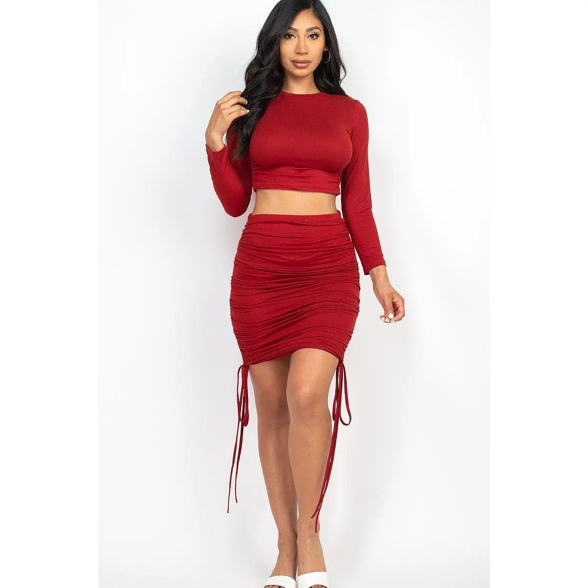 Ruched Side Crop Top & Drawstring Skirt Set