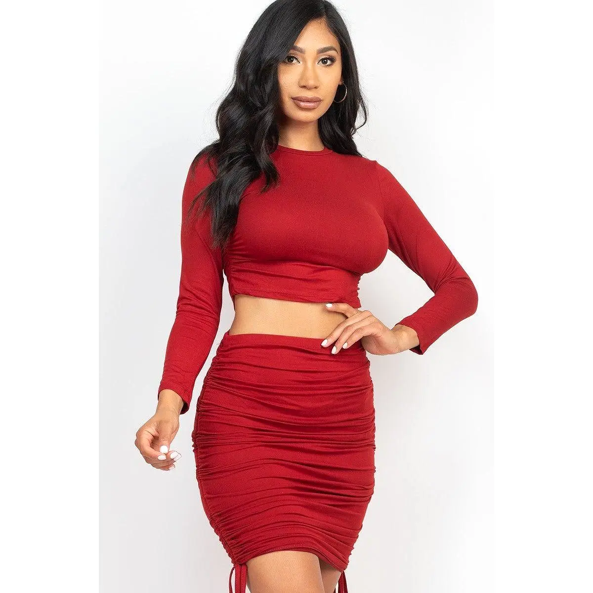 Ruched Side Crop Top & Drawstring Skirt Set