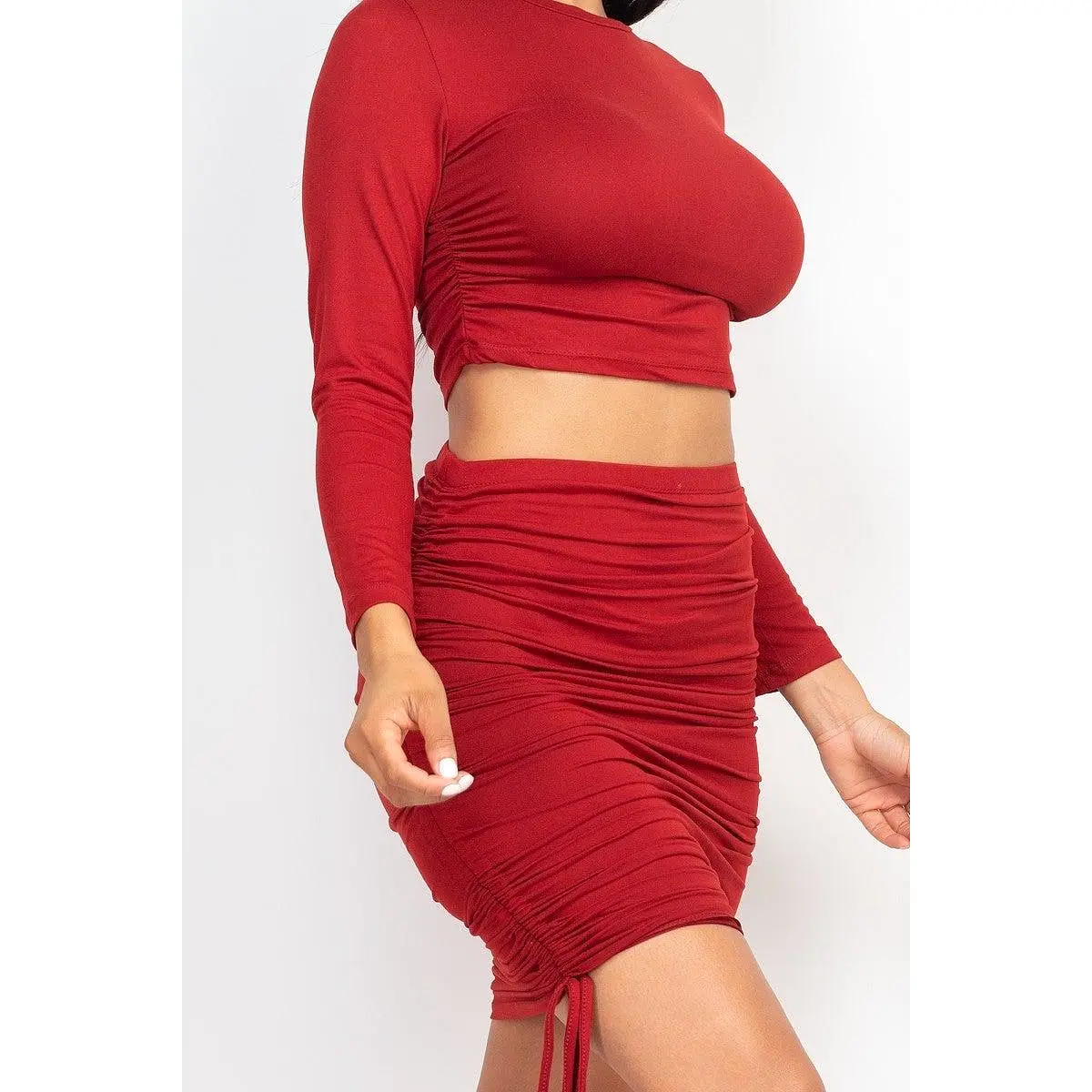 Ruched Side Crop Top & Drawstring Skirt Set