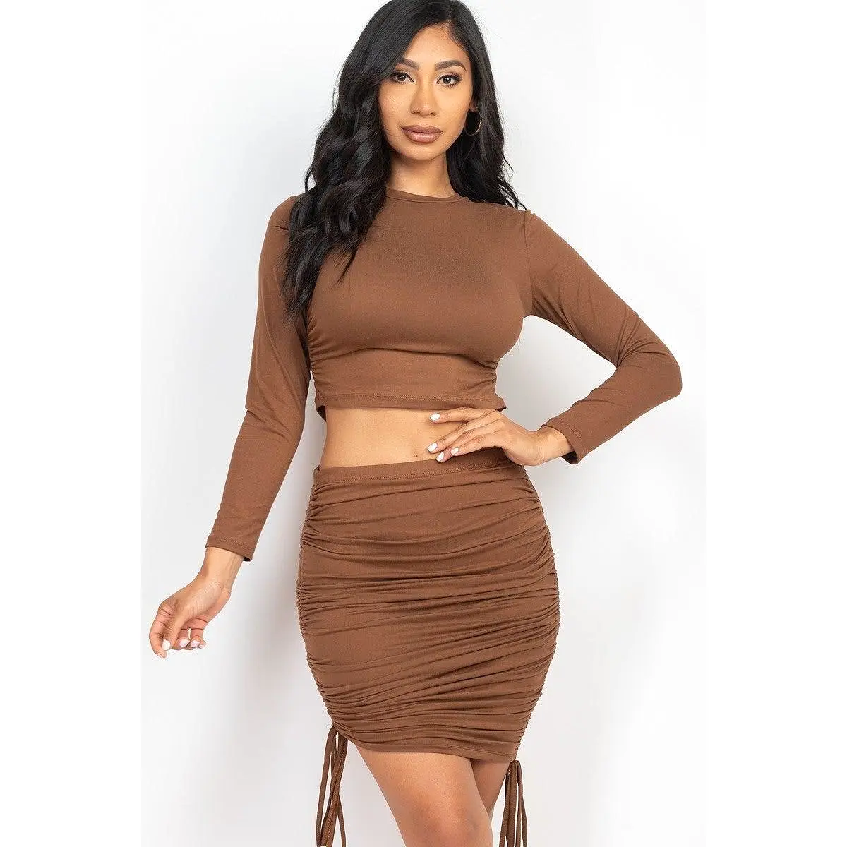 Ruched Side Crop Top & Drawstring Skirt Set