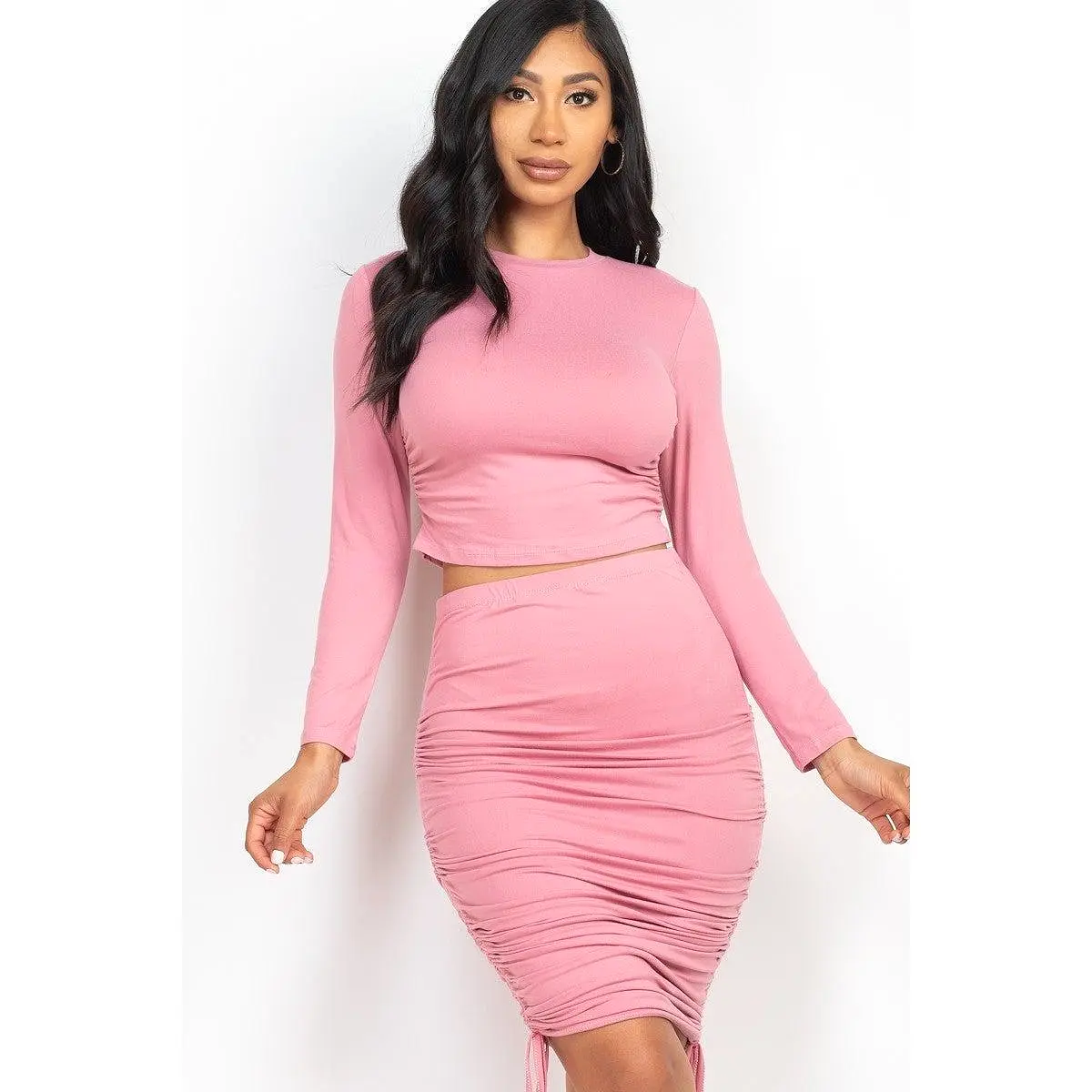 Ruched Side Crop Top & Drawstring Skirt Set