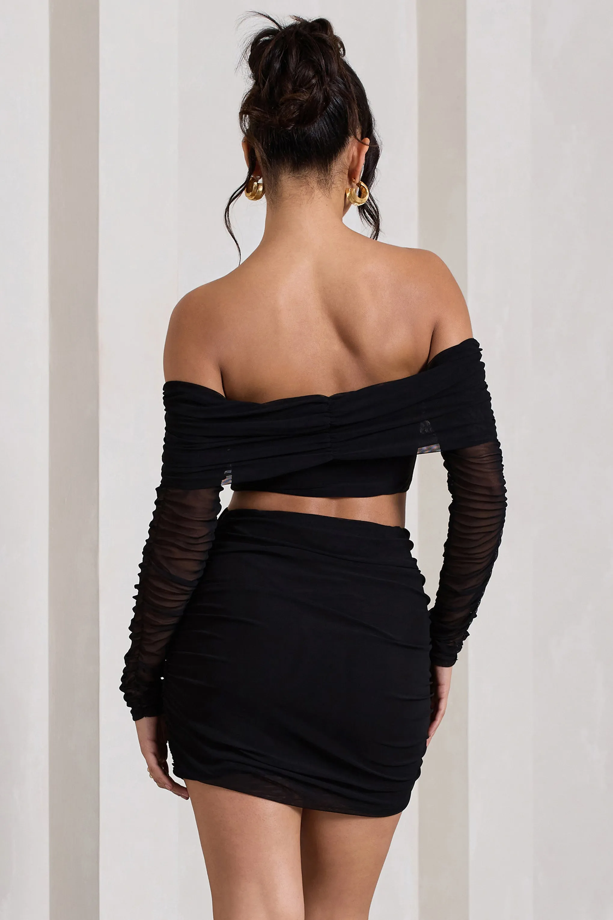 Rule Breaker | Black Ruched Mesh Bardot Crop Top