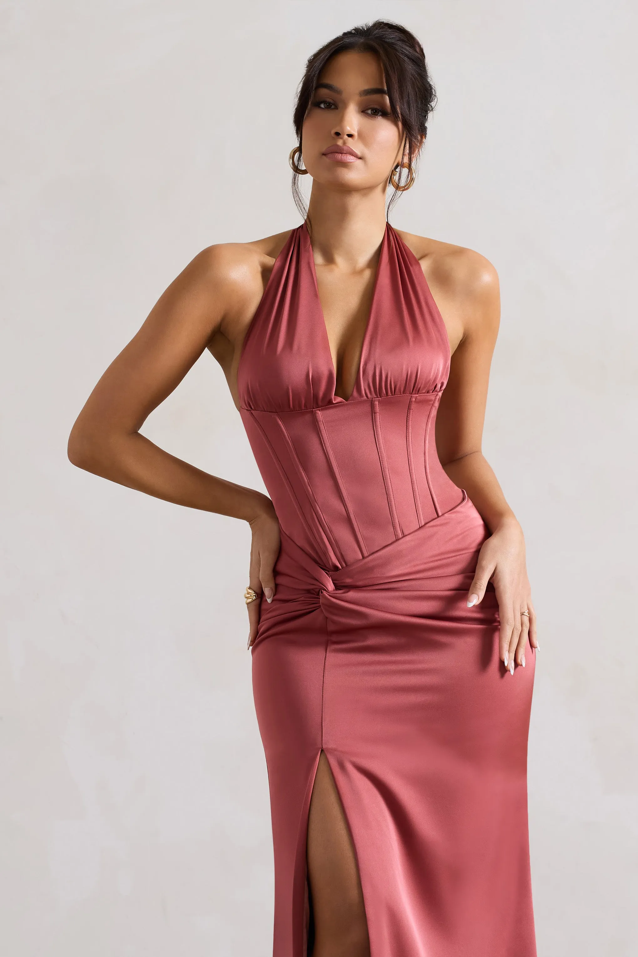 Sacha | Rose Pink Satin Corset Style Maxi Dress With Wrap Skirt