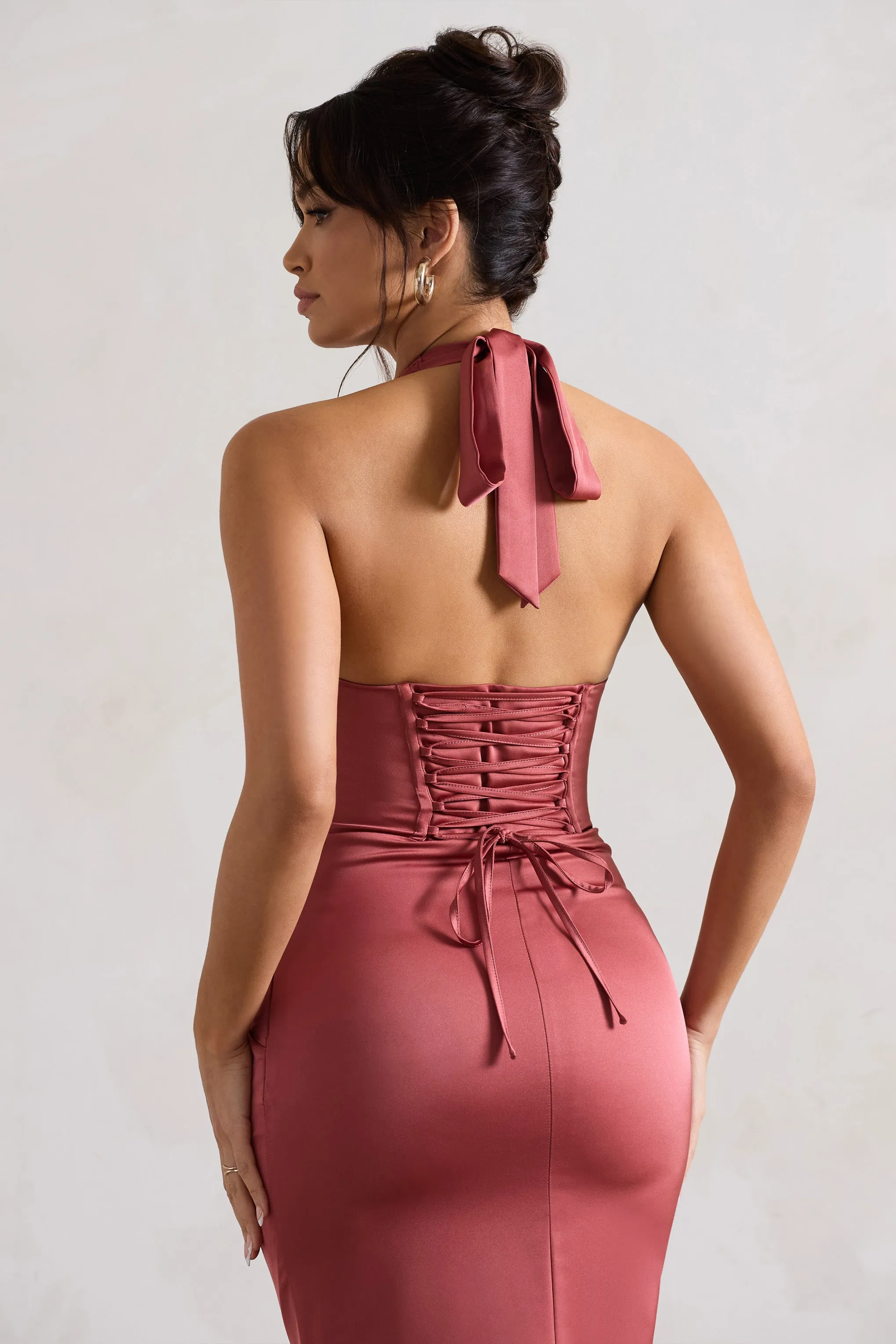 Sacha | Rose Pink Satin Corset Style Maxi Dress With Wrap Skirt