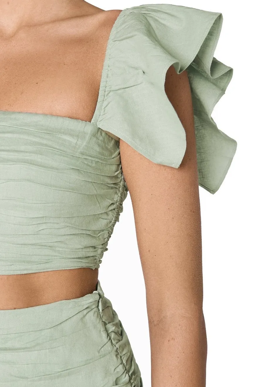 ----Santina-Nicole   ----Sole Ruched Linen Crop - Sage ---