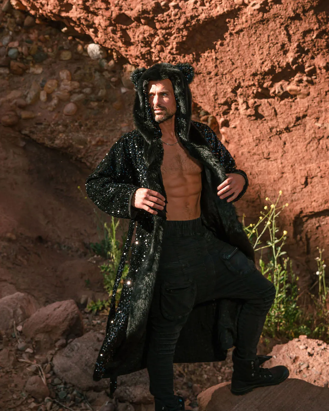 Sequin Black Panther Classic Faux Fur Style Robe | Men's