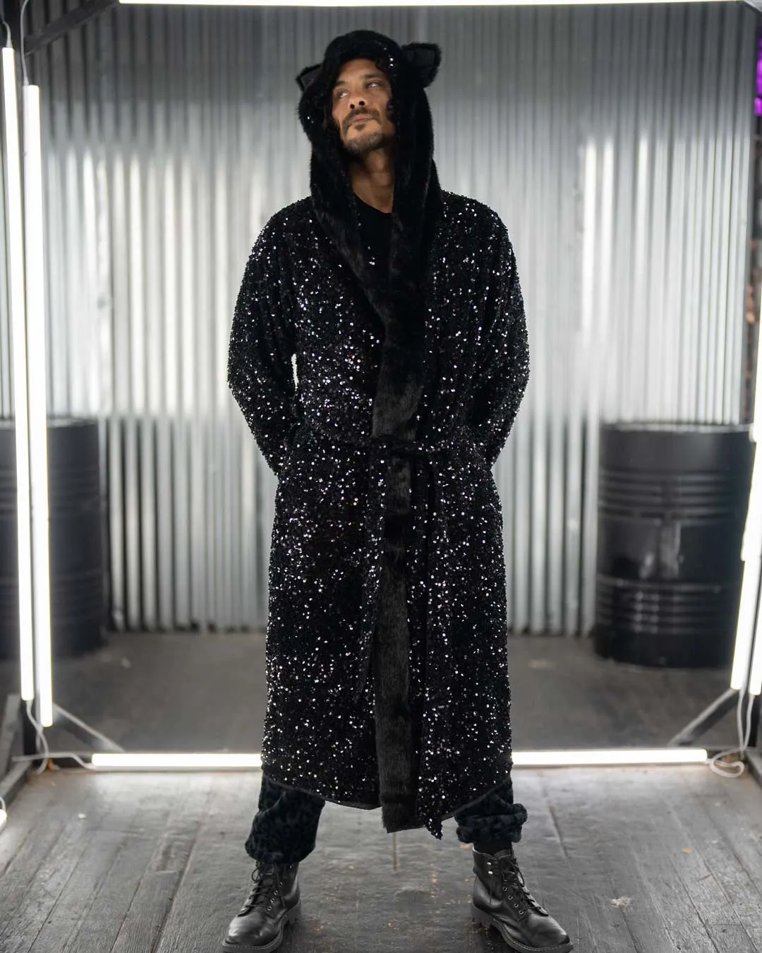 Sequin Black Panther Classic Faux Fur Style Robe | Men's