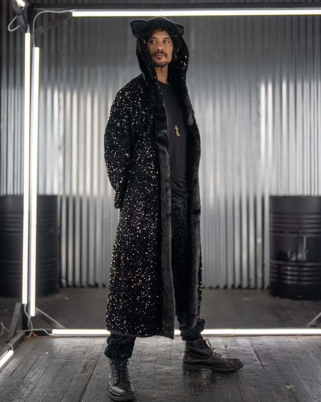 Sequin Black Panther Classic Faux Fur Style Robe | Men's