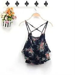 Sexy Print Chiffon Sleeveless Women Camis Cropped Ladies Spaghetti Strap Crop Tank Top Flower Floral Blouse  SM6