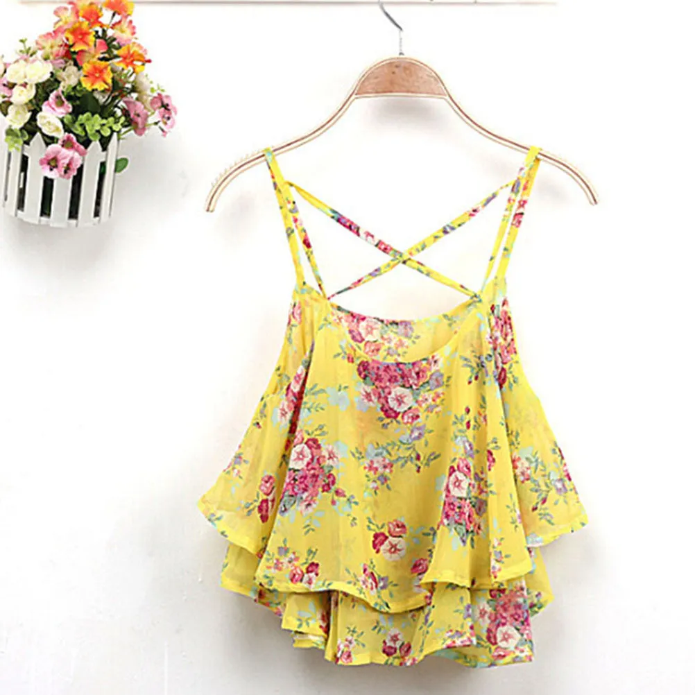 Sexy Print Chiffon Sleeveless Women Camis Cropped Ladies Spaghetti Strap Crop Tank Top Flower Floral Blouse  SM6