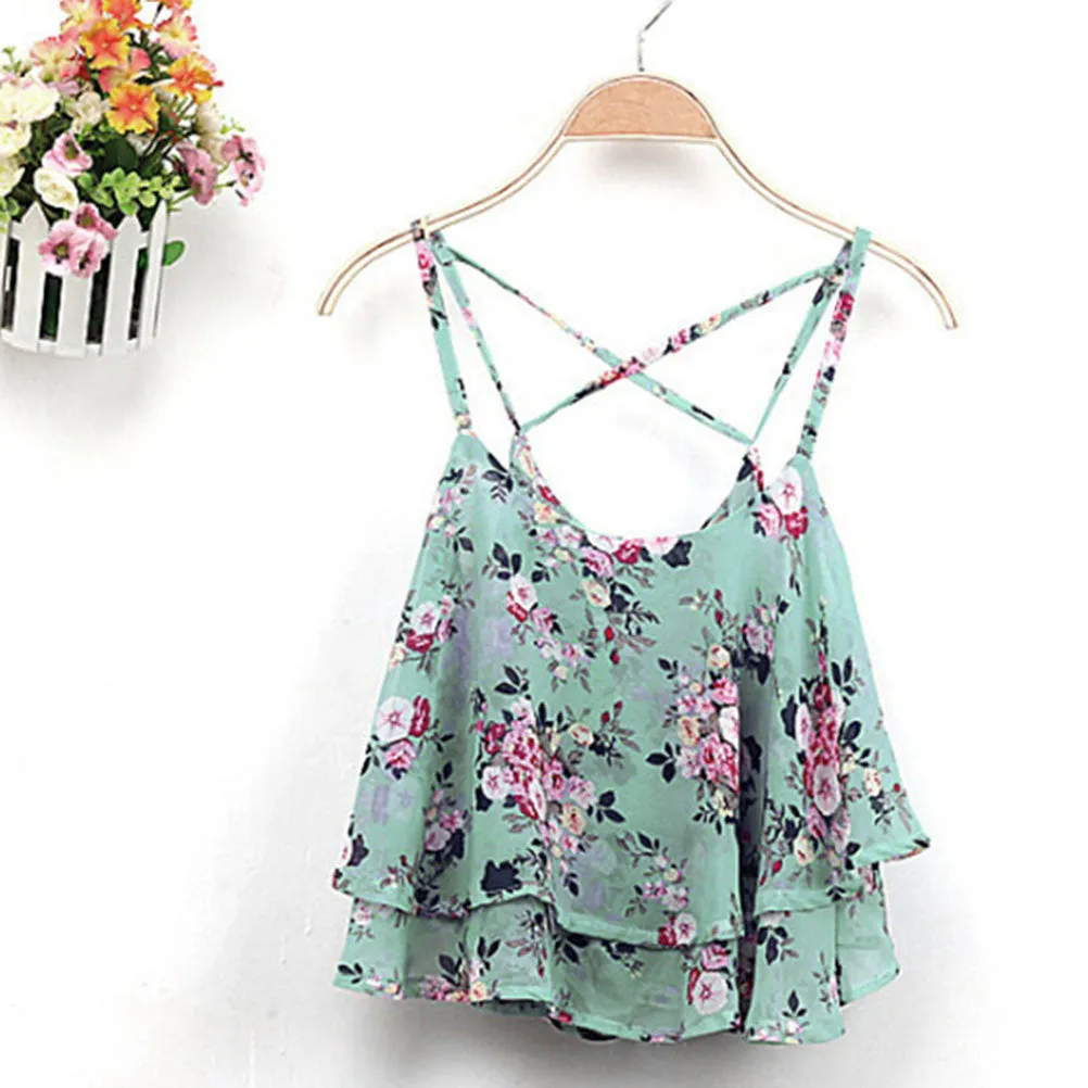 Sexy Print Chiffon Sleeveless Women Camis Cropped Ladies Spaghetti Strap Crop Tank Top Flower Floral Blouse  SM6