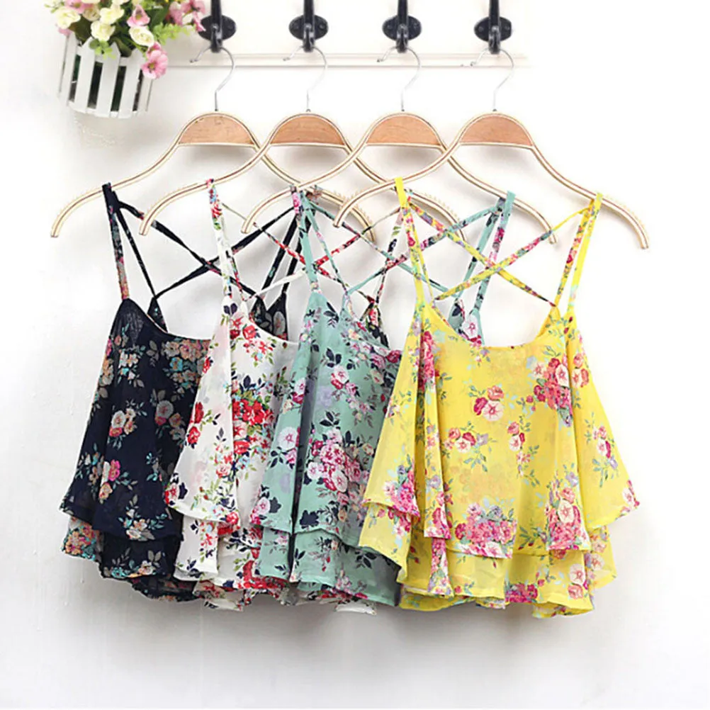 Sexy Print Chiffon Sleeveless Women Camis Cropped Ladies Spaghetti Strap Crop Tank Top Flower Floral Blouse  SM6