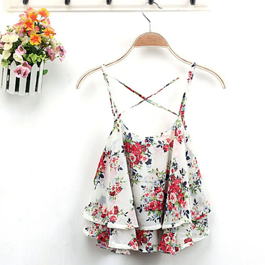 Sexy Print Chiffon Sleeveless Women Camis Cropped Ladies Spaghetti Strap Crop Tank Top Flower Floral Blouse  SM6