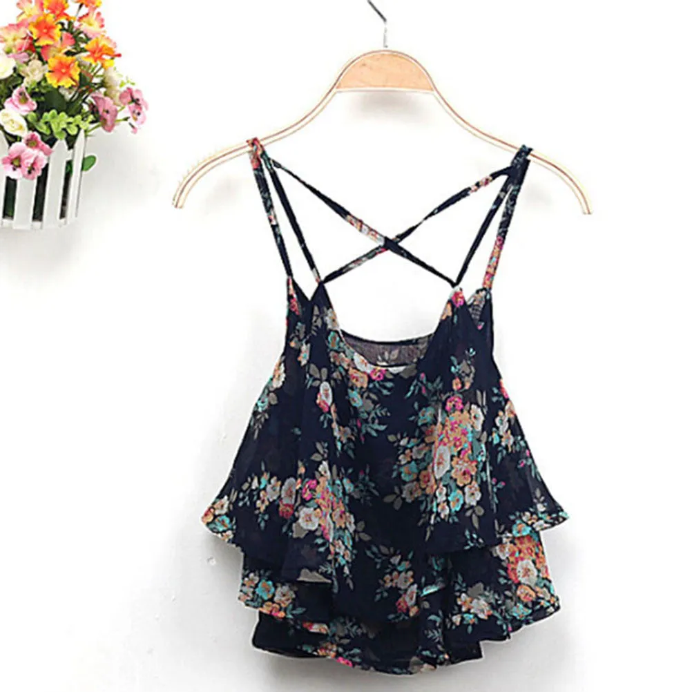 Sexy Print Chiffon Sleeveless Women Camis Cropped Ladies Spaghetti Strap Crop Tank Top Flower Floral Blouse  SM6