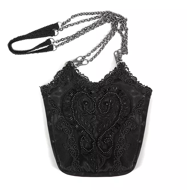 Steampunk Black Embroidered Chain Straps Handbag