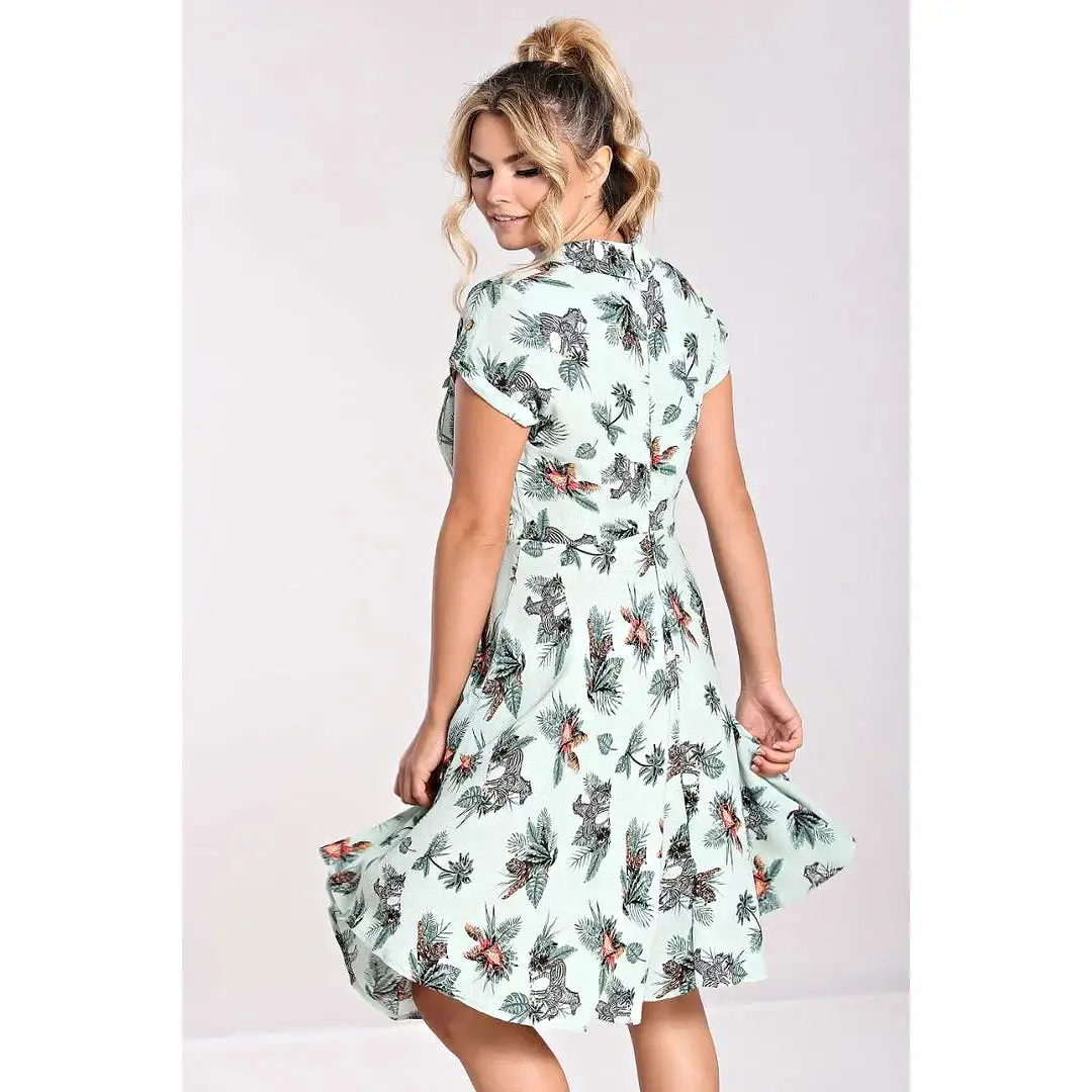 Summer Green Safari Animal Print Tea Dress with Button Detail