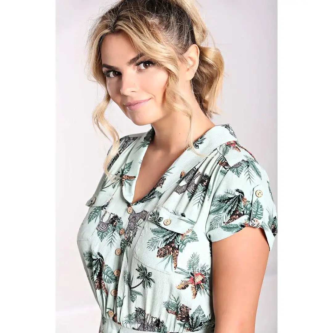 Summer Green Safari Animal Print Tea Dress with Button Detail