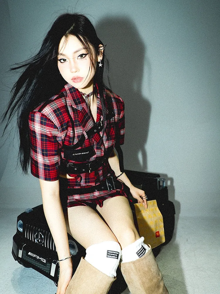 Suzy Red Plaid Short Sleeve Waist Belt Cropped Top + High Waist Black Belt Mini Skirt Matching Set