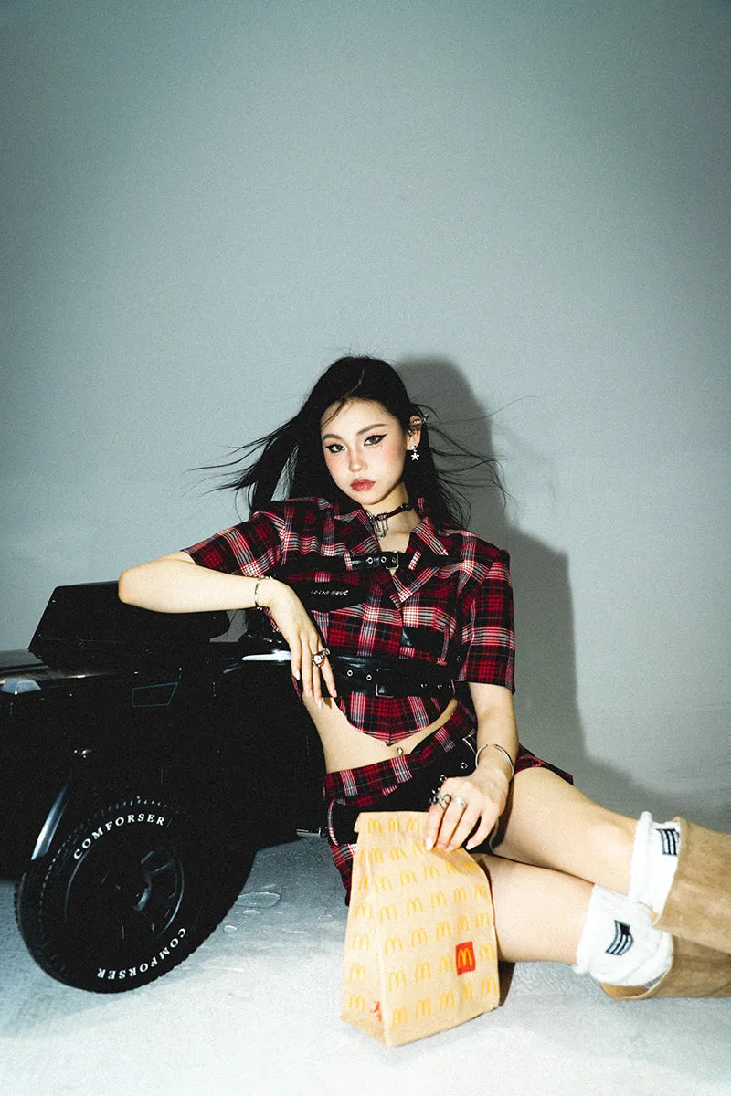 Suzy Red Plaid Short Sleeve Waist Belt Cropped Top + High Waist Black Belt Mini Skirt Matching Set